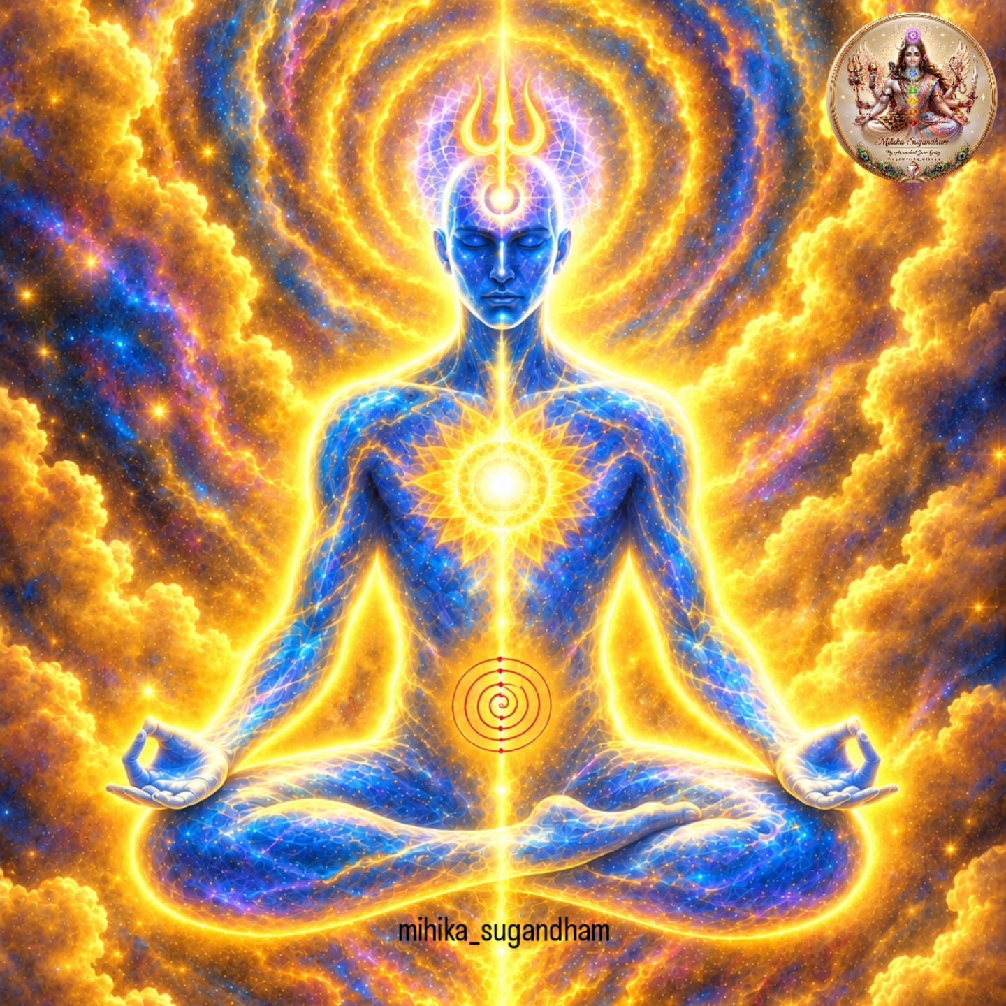 Luminous meditative figure surrounded by golden cosmic energy