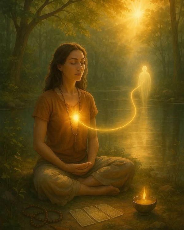 Woman meditating by a forest stream at golden hour