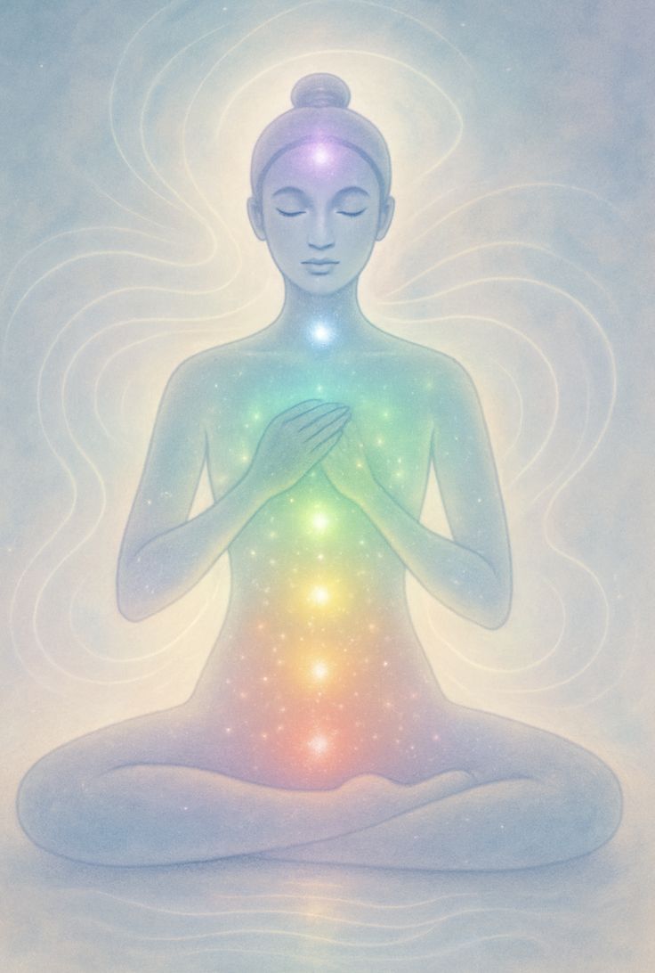 Serene figure with radiant chakra centres of light