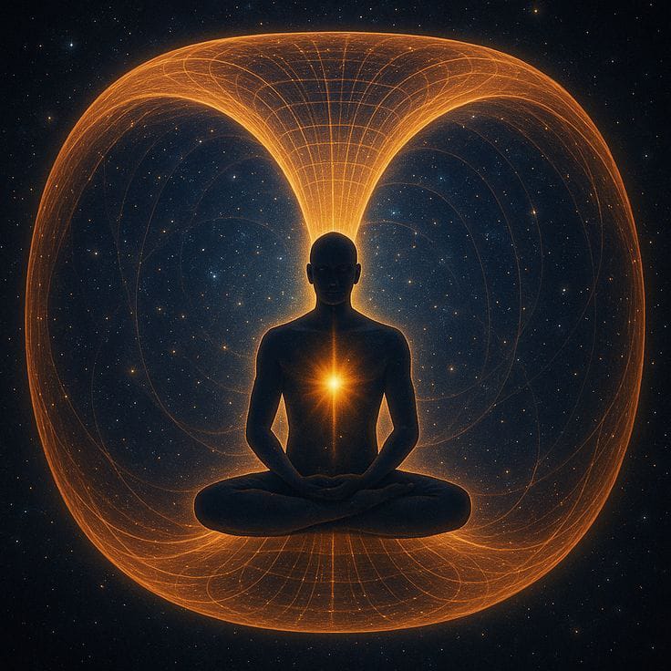 Meditating silhouette within a golden energy field