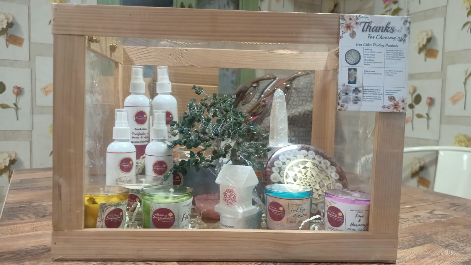 Light Jewels wellness gift hamper with scented candles, room sprays, crystal tree, selenite lamp and Shiv Shakti coaster from Mihika Sugandham