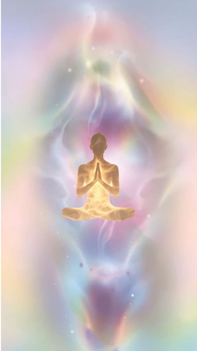 Glowing figure in prayer amid soft pastel light