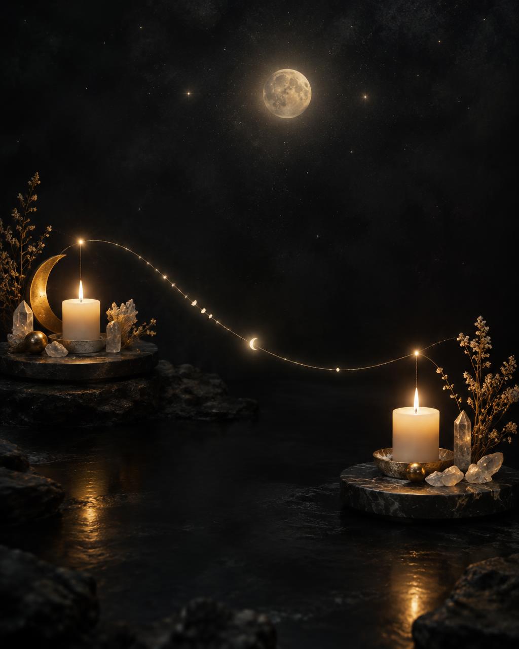 Two moonlit ritual settings connected by a delicate celestial light