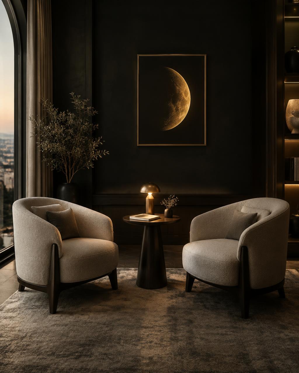 A private consultation space with two ivory chairs and soft celestial light