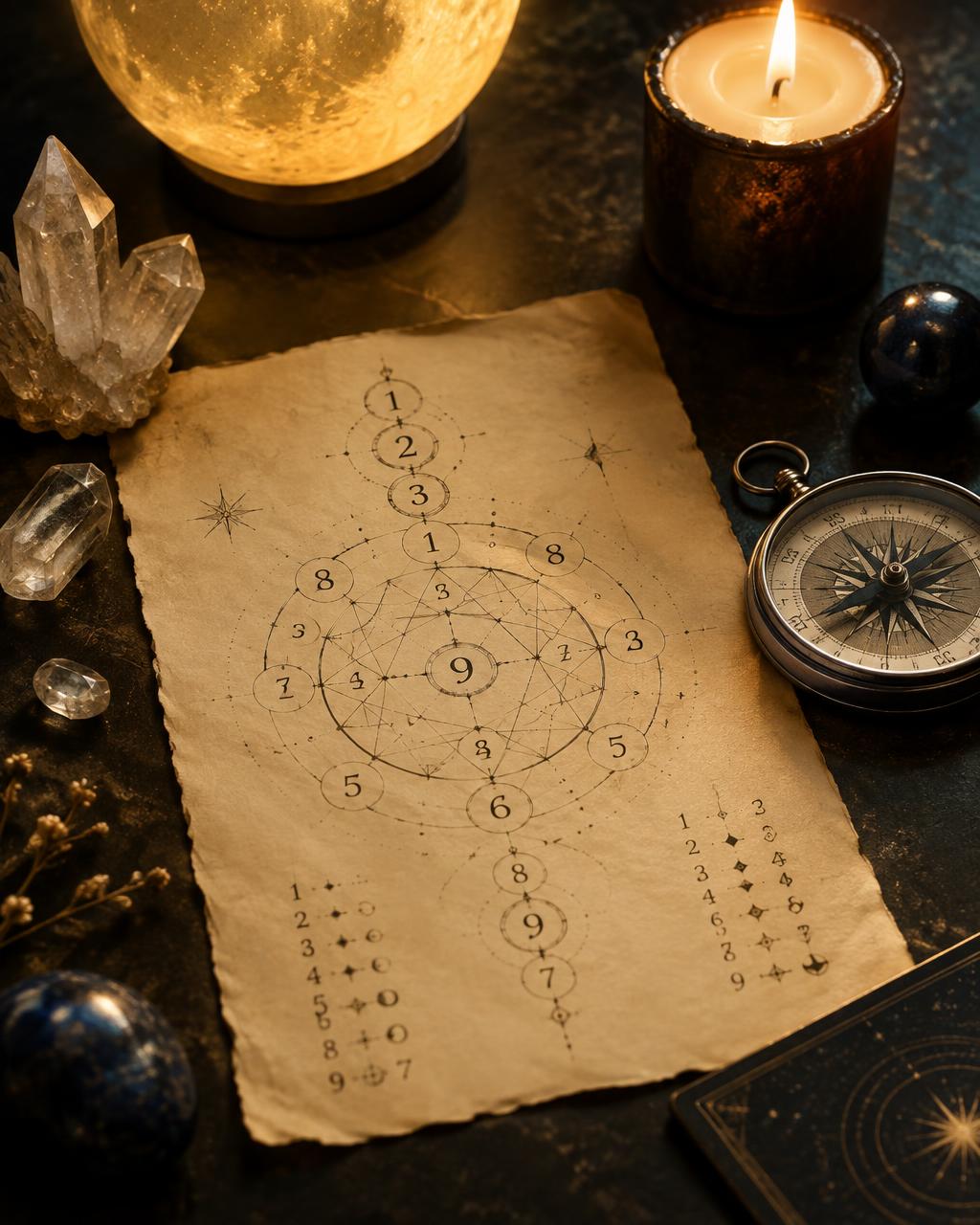 An elegant numerology chart surrounded by crystals and moonlight