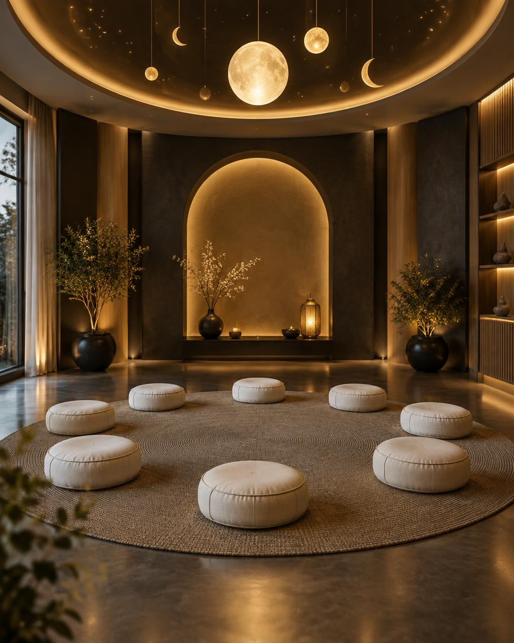 A welcoming circle of meditation cushions beneath celestial lights