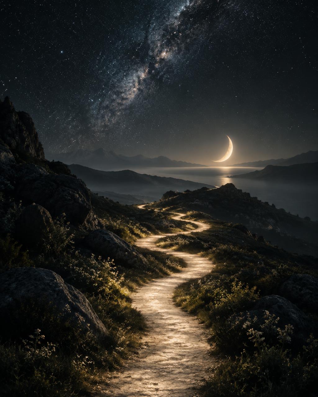 A luminous winding path leading toward a crescent moon