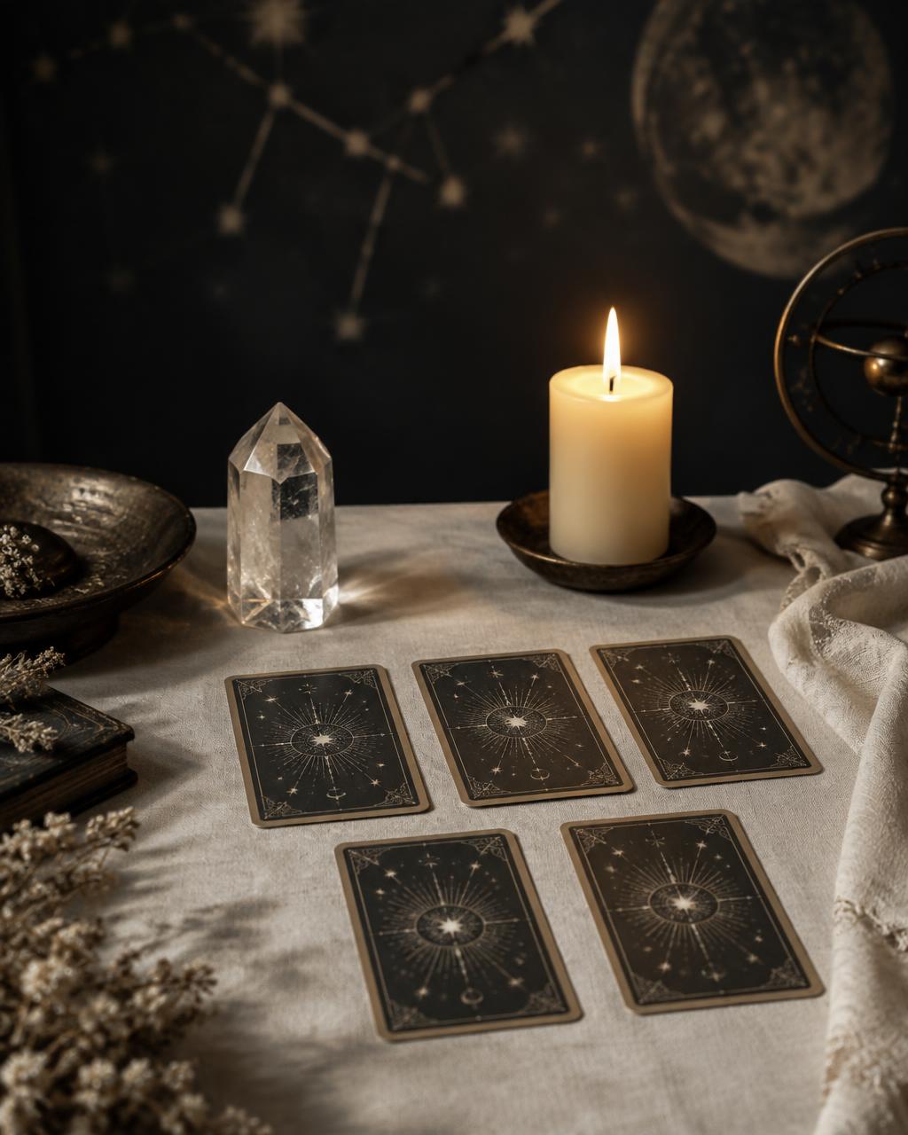 Celestial tarot cards with crystal and candlelight